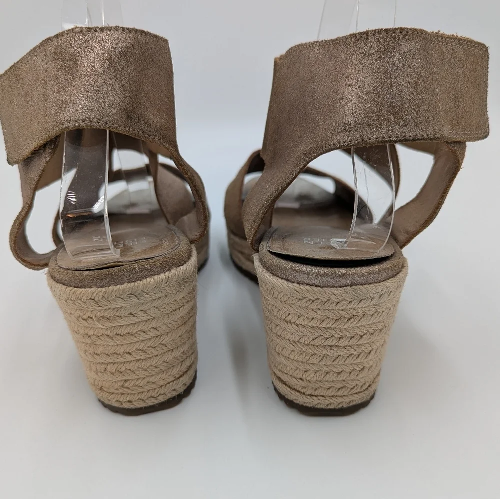 Eileen Fisher Willow Leather Wedge Sandals Espadrilles Silver Metallic 9.5 Boho
